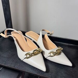 White Pointed-Toe Slingback Kitten Heels with Gold Chain Accent
